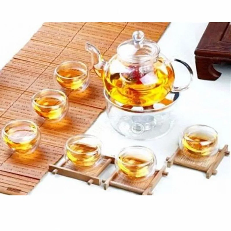 800ML Borosilicate Heat-resistant Glass Tea Pot Set Infuser Teapot Warmer With Strainer Flowers 6 Double Wall Teaware Home Gift