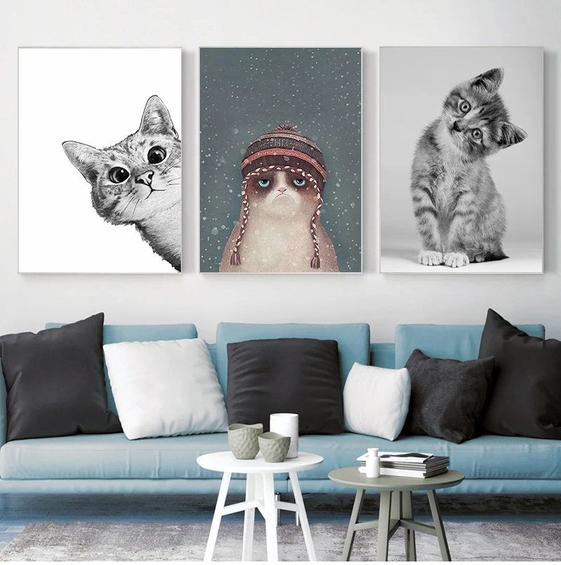 Nordic Style Lovely Cat Art Animals Modular Pictures Canvas Painting Posters And Prints Wall Pictures For Living Room Decoration