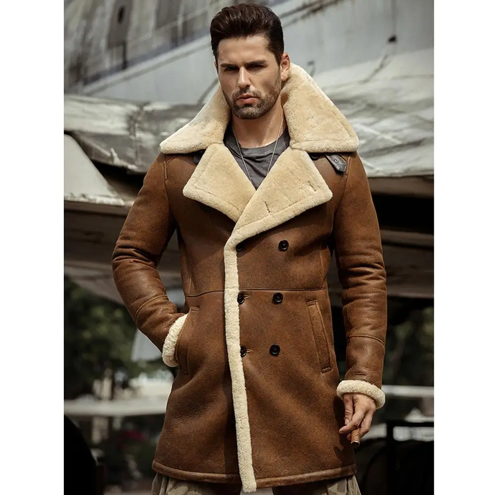 

Mens Brown Shearling Jacket B3 Flight Jacket Sheepskin Aviator Long Mens Winter Coats Fur Bomber Leather Jacket Trench Coat