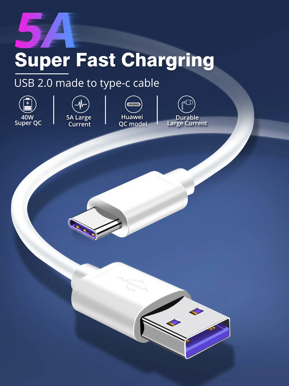 5A Type C Cable USB C Cable For Huawei Mate 20 P20 Pro Honor 10 Super Fast Charger USB 5A Type C USB C Fast Charge