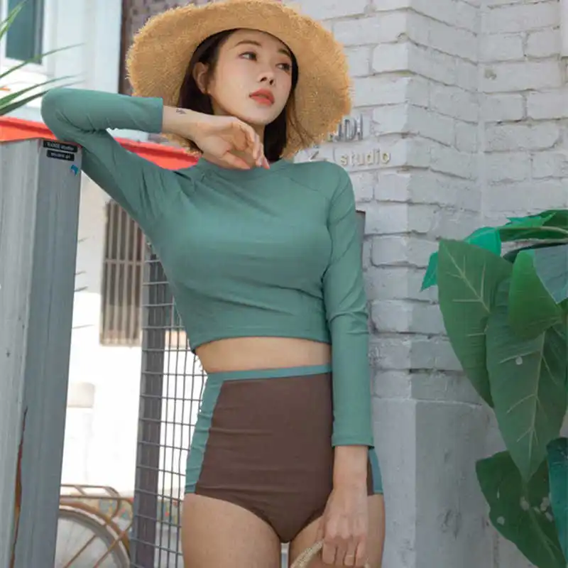 2021 New Hot Contrast Color Conservative Split High-Waisted Flat-Angle Slimming Belly-Covering Long-Sleeved Sports Warm Swimwear