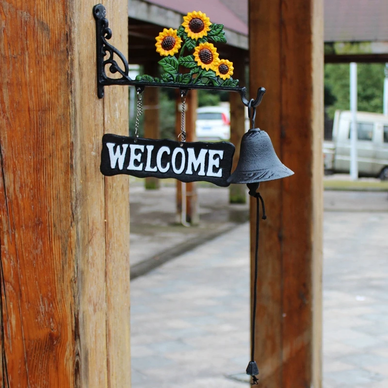 Yellow Green Sunflower Cast Iron Hand Cranking Bell With Hanging Welcome Signs Plaque Home Garden Hand Paint Double-sided Ring