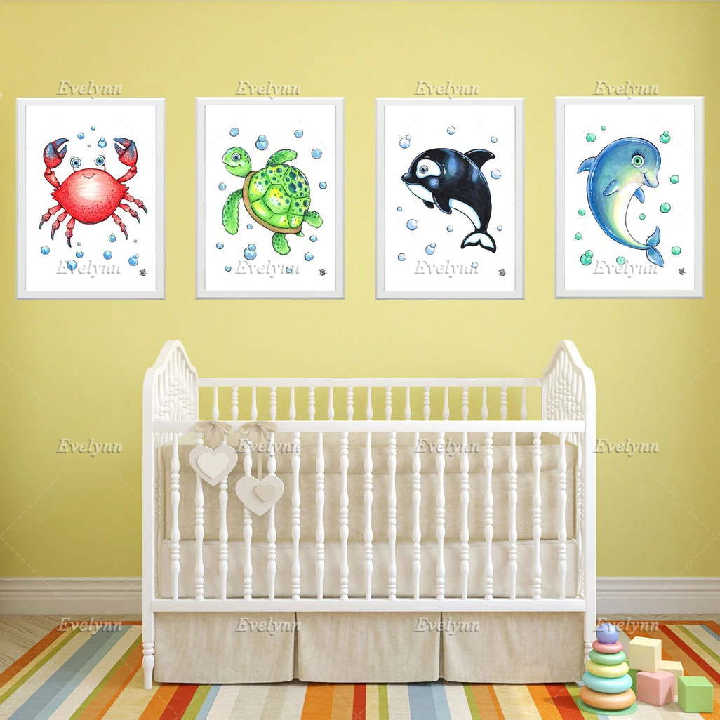 Clownfish,Sharks,Dolphins,Crabs,Turtles,Adorable Sea Creatures Art Canvas Print Poster Set -Nursery,Kids Art Bedroom Living Room