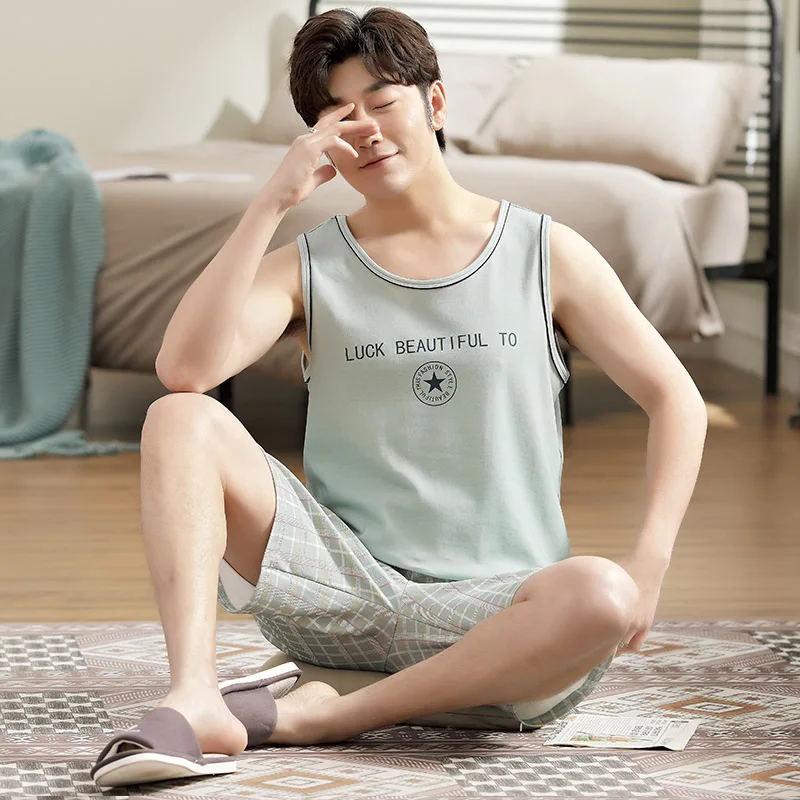 Newest Men\'s Pajamas Set Summer Vest Pajama Set Pijama Hombre Sleeveless O-neck Casual Male Sleepwear Home Clothing