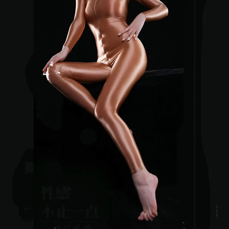 Double Zipper Long Sleeve Bodysuit Wetlook Bodycon Jumpsuit Shiny Swimsuit Fitness Body Sculpting Catsuit Tights Bodystocking