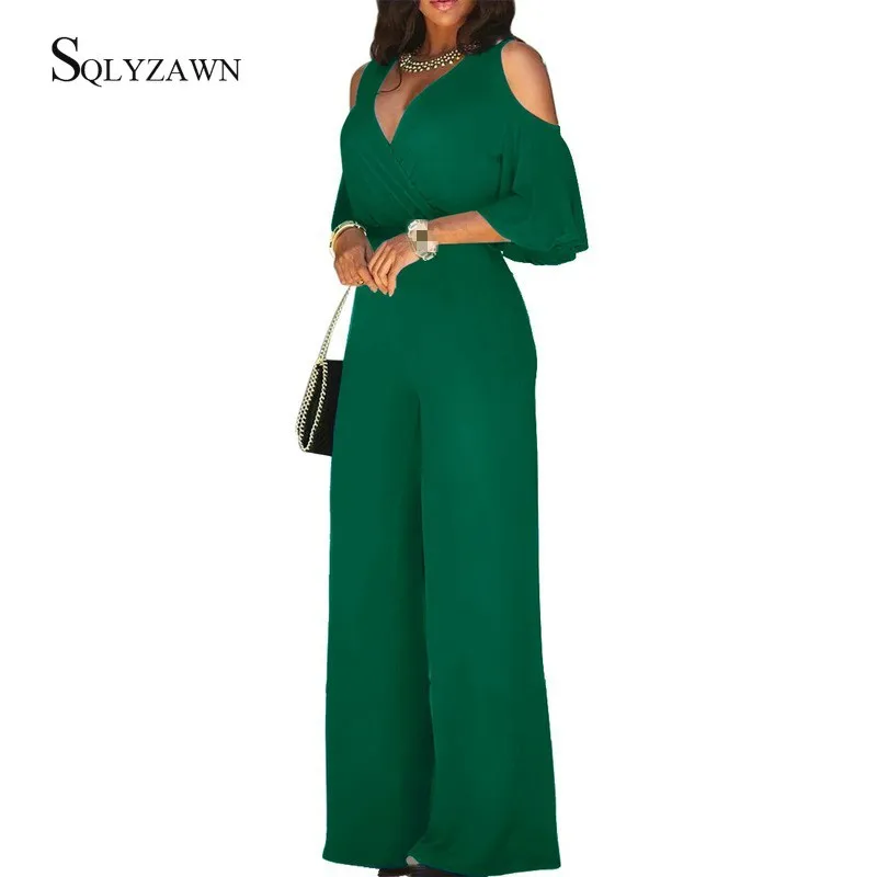 Women Sexy Off Shoulder Flare Sleeve Palazzo Wide Leg Pants Jumpsuit Vintage Elegant Loose Romper Streetwear V Neck Long Overall