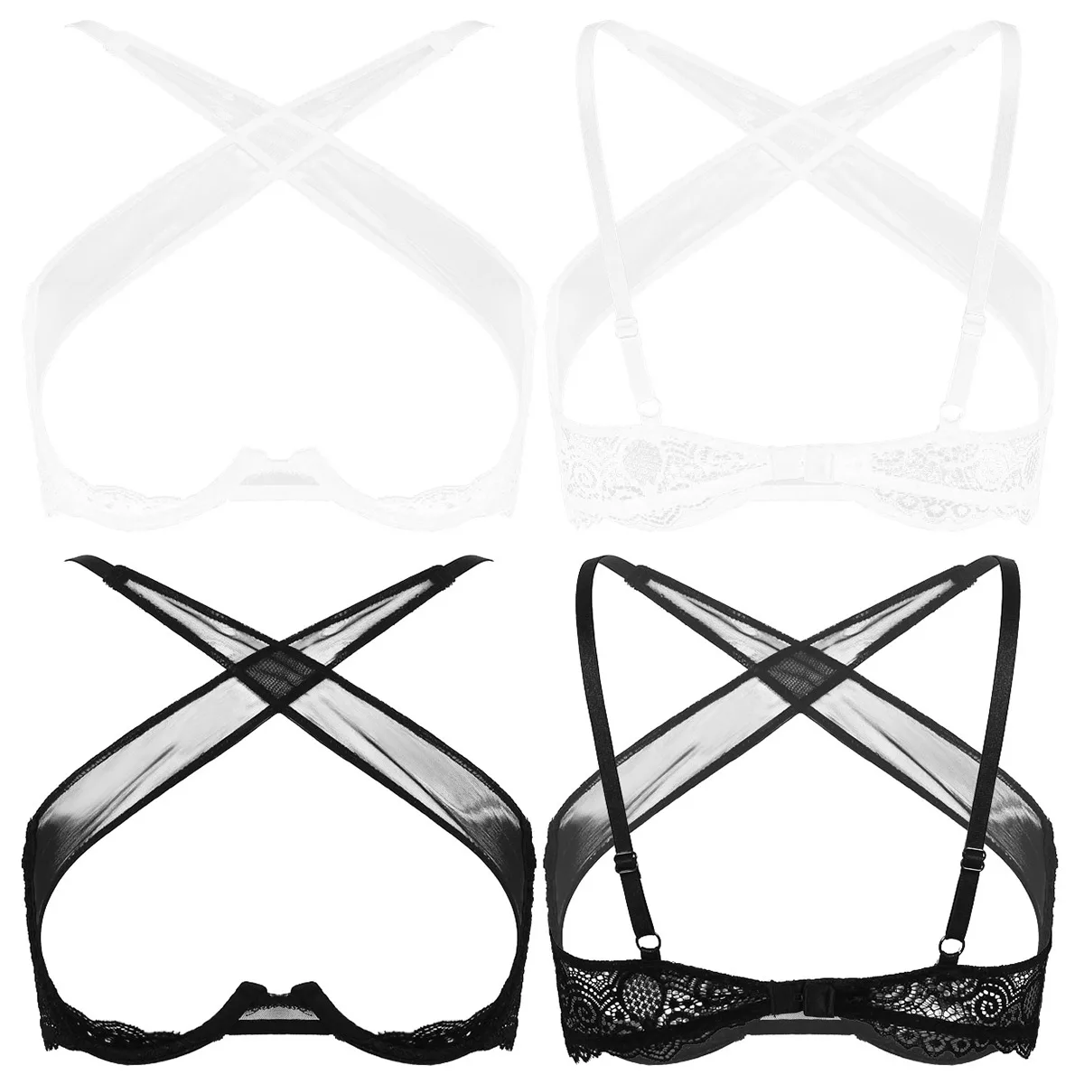 Women Erotic Nightwear Sexy Transparent See Through Mesh Open Cup Crop Top Lingerie Crisscross Front Underwired Bra Sleepwear