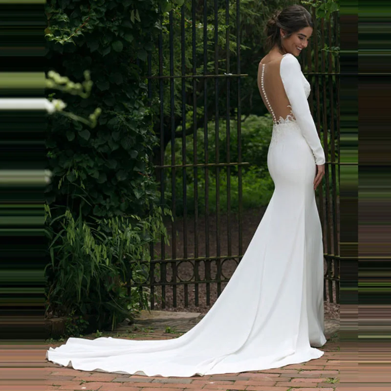 Robe de mariée sirène blanche à manches longues, Illusion de transparence dans le dos, col en V, avec des Appliques en dentelle, 2020