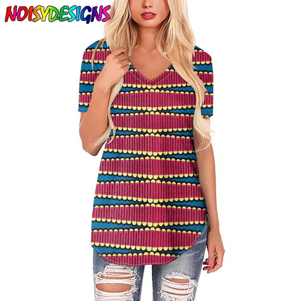 NOISYDESIGNS Shirt Blouse Female 2021 Summer New Tops V-neck Short Sleeve Pink Yellow Pencil Ankara African Printed Women shirt