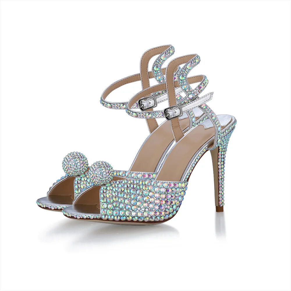 Summer Glitter Round Rhinestone Ball Sandals Ankle Strap Crystal Drill Wedding Shoes Stiletto Heel Peep toe Evening Party Shoe