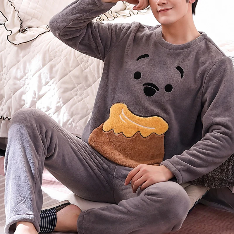 Winter Long Sleeve Thick Flannel Warm Pajama Sets for Men Coral Velvet Sleepwear Suit Pyjamas Lounge Homewear Home Clothes