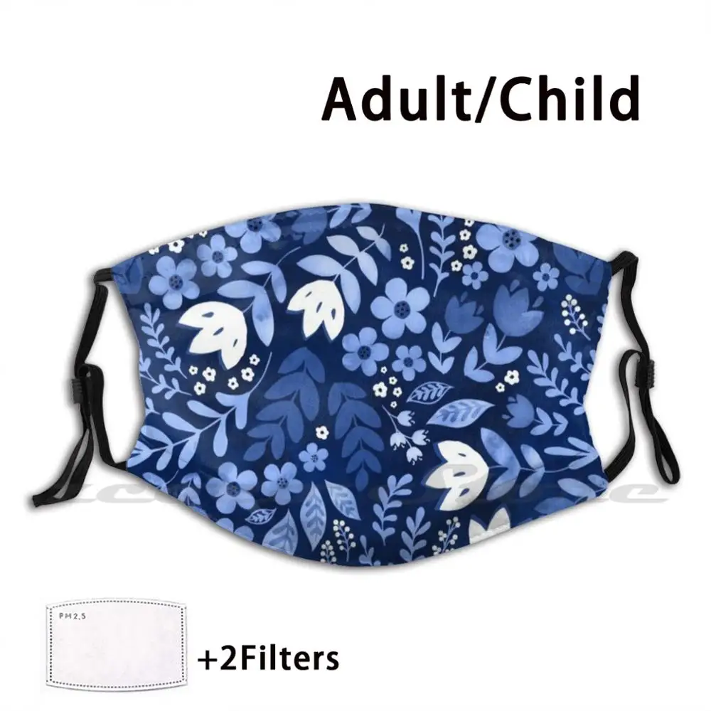 Dark Blue Watercolour Floral Mask Adult Child Washable Pm2.5 Filter Logo Creativity Poppy Daisy Flowers Floral Leaves Flora