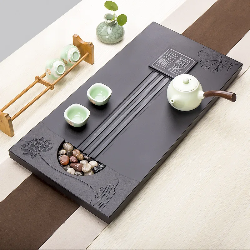 heavy stone tea tray weighted tea table water draining function serving trays for kungfu tea set tea boat lotus carve  ZM222