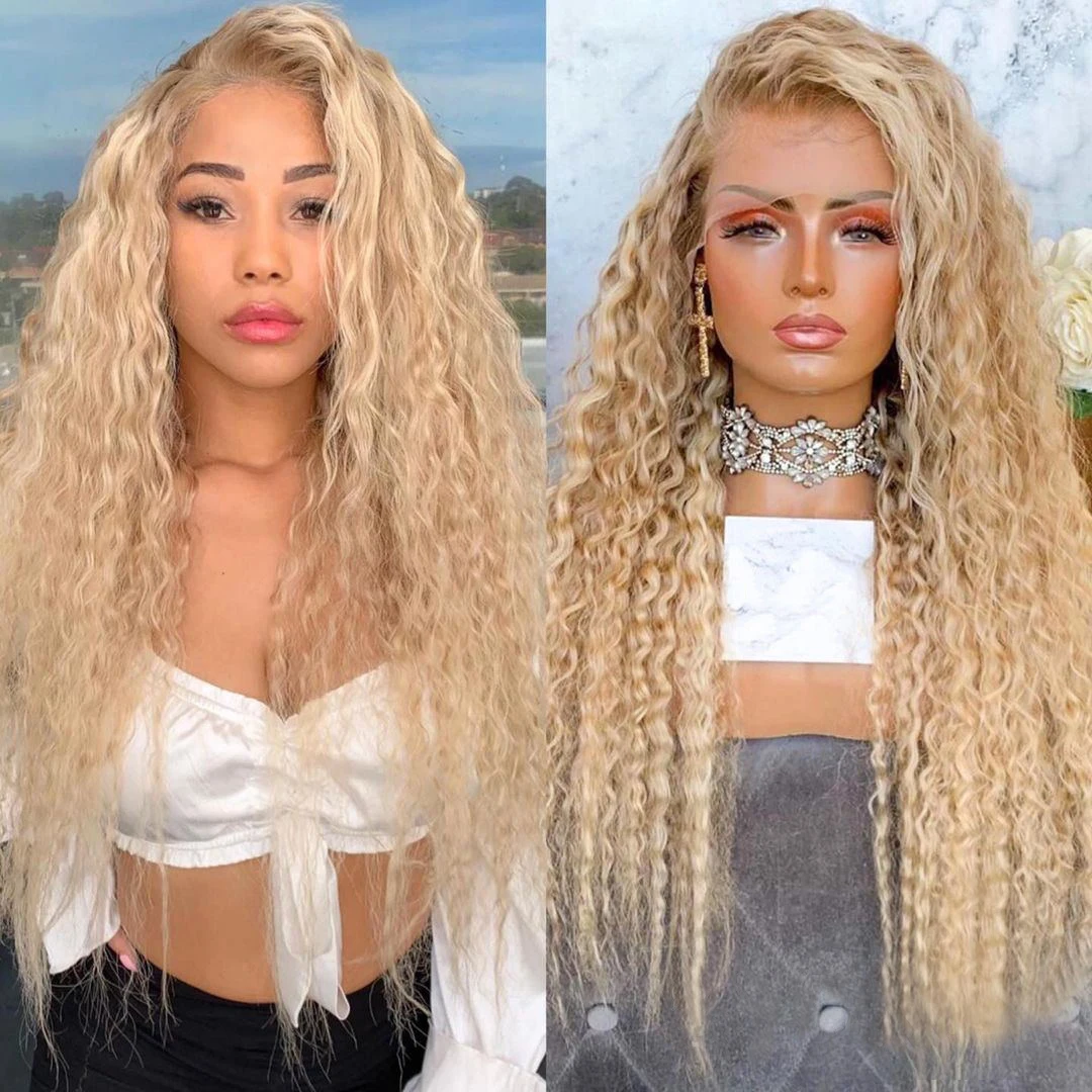 High Density 200% Blonde Curly Human Hair Wig Pre Plucked Side Part with Baby Hair 13x4 Lace Front Wig 28\