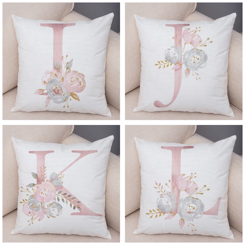 English Flower Pink Letter Print Pillow Case for Sofa Home Car Chidren Room Decor Floral A-Z Cushion Cover Plush Pillowcase