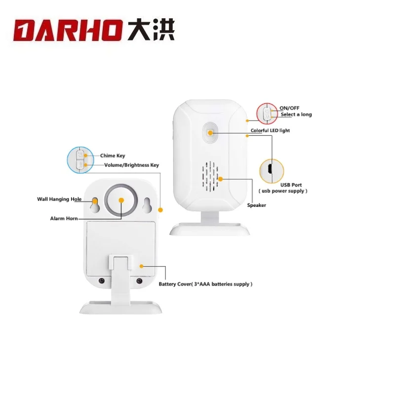 Darho-alarma de seguridad con Sensor de movimiento de bienvenida, Timbre de 36 canciones, timbre inalámbrico inteligente para el hogar, 4 LED, luz