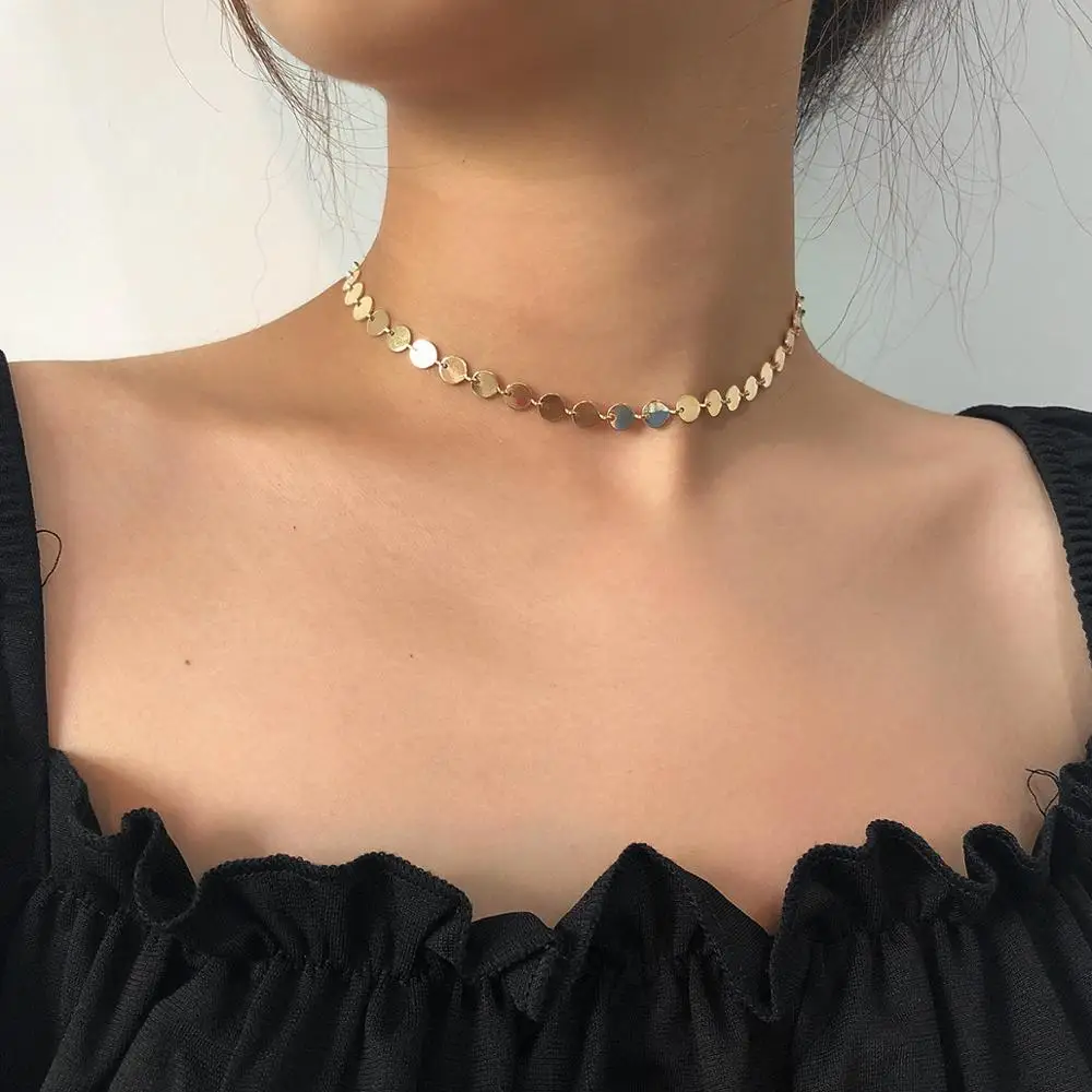 Simple Fashion Sweet Romantic Gold Color Metal Clavicle Chain Necklace Ladies Coin Sequin Necklaces Charm Girl Jewelry Gift