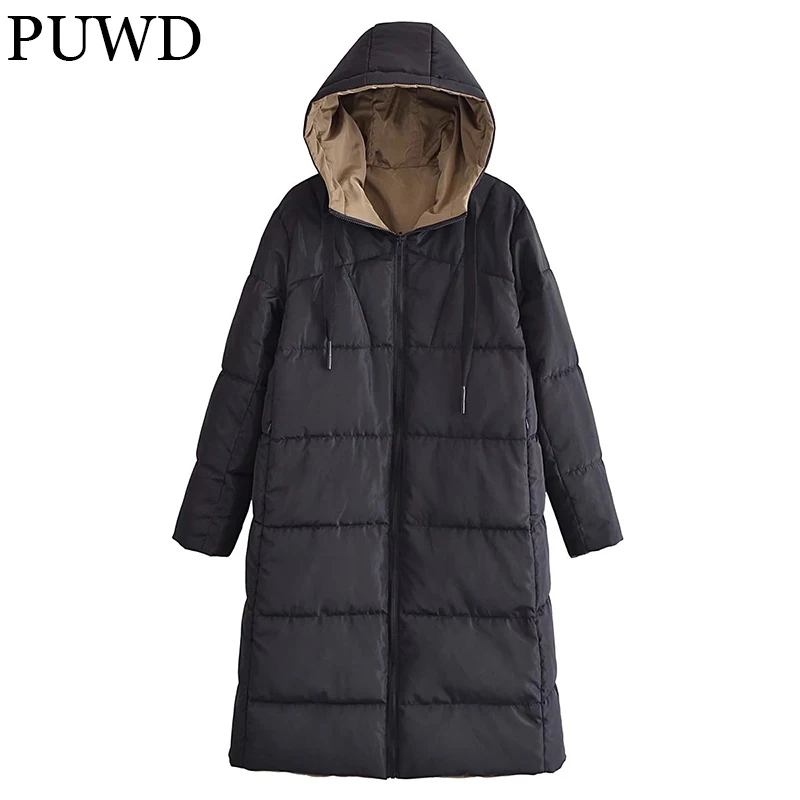 PUWD Loose Women Hooded Double Wear Long Cotton Jacket 2021 Autumn Winter Retro All-match Warm Zipper Parka Female Thick Outwear