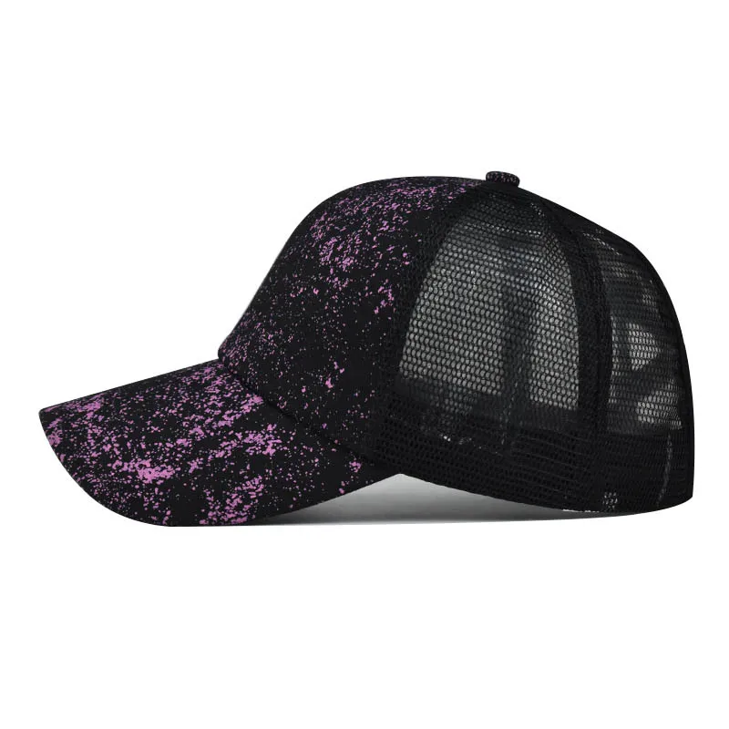 Women Color Printing Fashion Breathable Ponytail Baseball Cap Casual Summer Snapback Hat Purple trend Satin Mesh hat