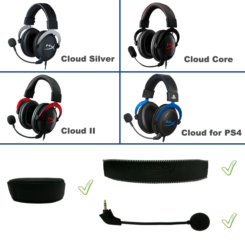 Replacement Parts for HyperX Cloud Silver, Core, II, for PS4 Headset Ear Pads Microphone Bumper Mic Headband Earmuff