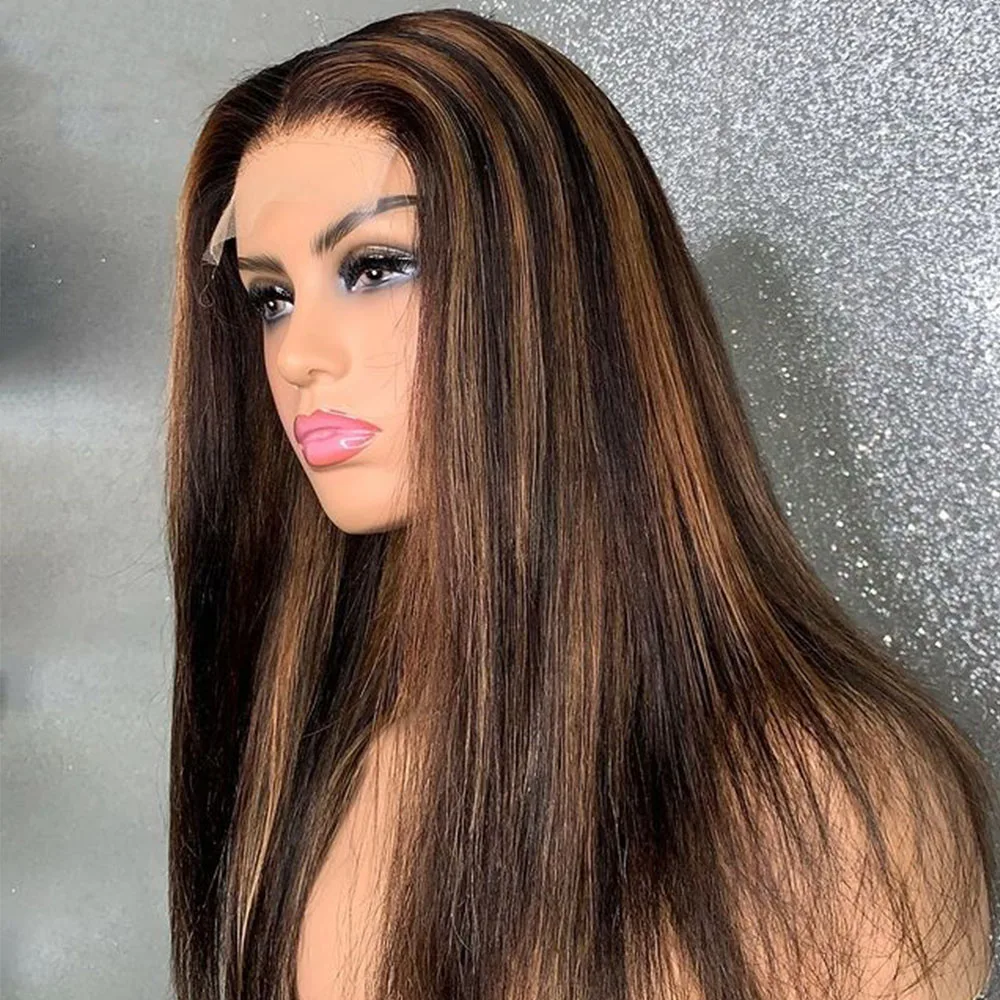 

Long Straight Highlight Brown Human Remy Hair Lace Frontal Wig With Baby Hair Preplucked Lace Wigs For Women Glueless Wig