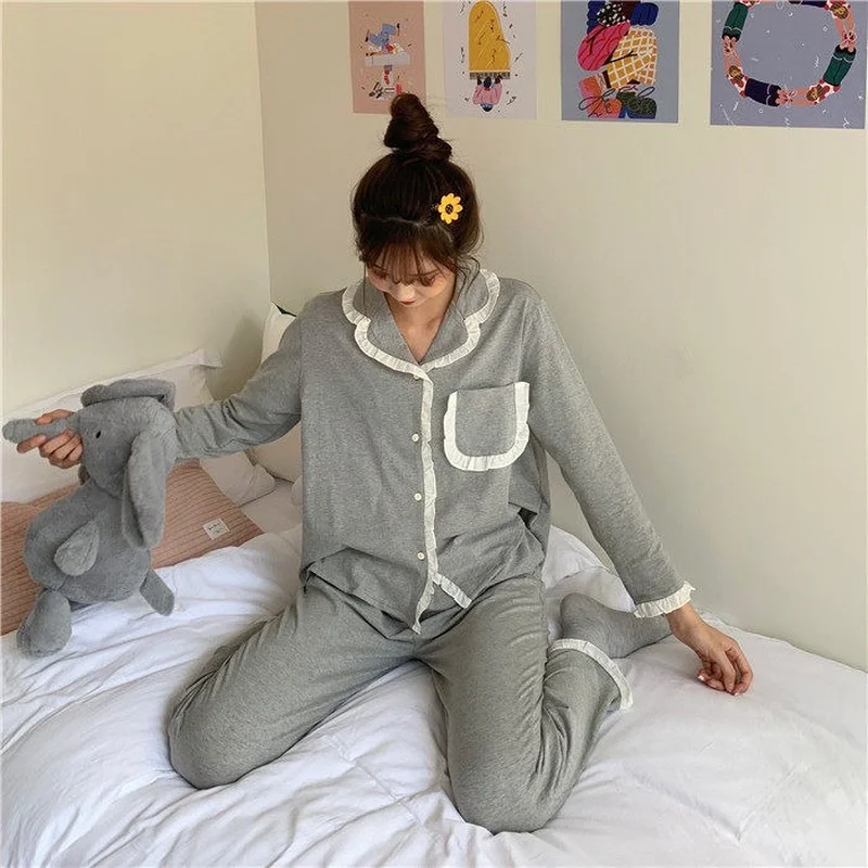 Pajama Sets Women Korean Style Fashion Breathe Japanese Sweet Simple All Match Full Length Patchwork Sleepwear Homewear Chic Ins