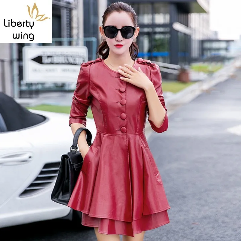 Italy Design Ruffles Ladies Faux Leather Single Breasted Long Women Jacket Big Size XL-6XL Slim Fit Female Outerwear Coat