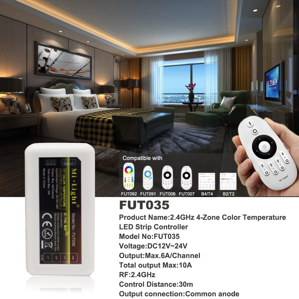 Milight Remote FUT007 LED Controller 2.4G RF Wireless 4-Zone Dimmer FUT035 For Color Temperature Adjustable CCT WW/CW Led Strip