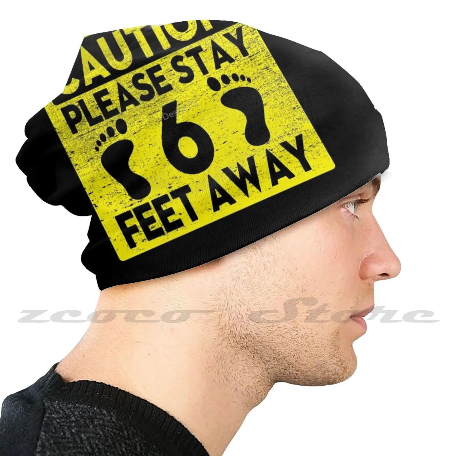 Caution Please Stay 6 Feet Away Personalized Pattern Knit Hats Plus Size Elastic Soft Cap Distancing Keep Distance 2 Meters