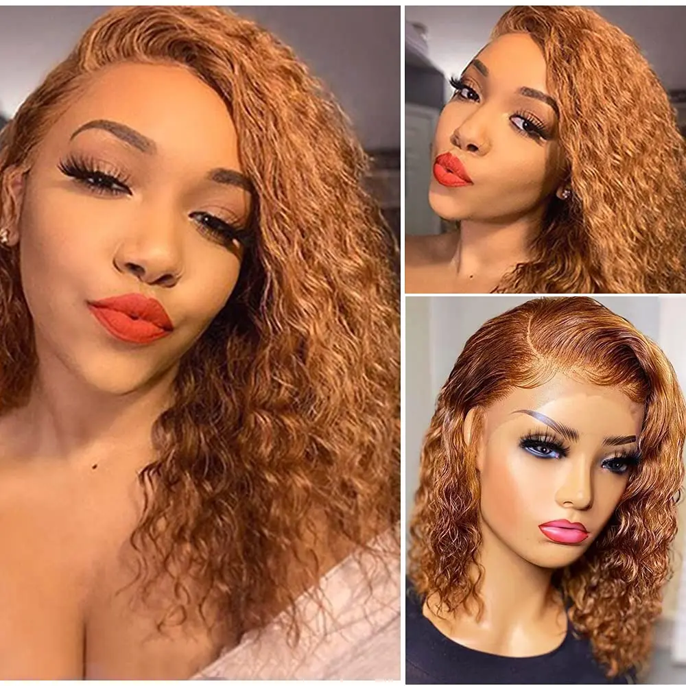 

Ginger Bob Wig Orange T Part Lace Front Human Hair Wigs 180% Remy Curly Water Wave Bob Wig Glueless PrePlucked With Baby Hair