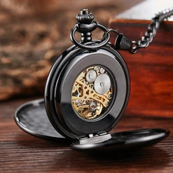 Orologio da taschino in argento nero unico orologio meccanico a carica manuale con cassa liscia con numeri romani quadrante con ciondoli a catena con orologio retrò