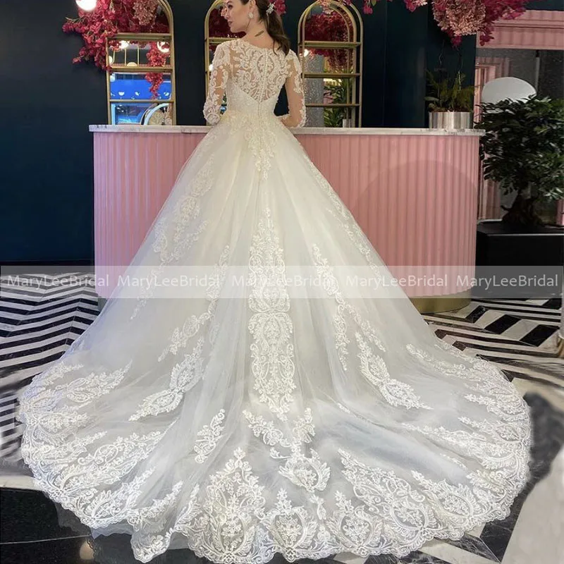 Gorgeous Sheer Long Sleeves Wedding Dresses Ball Gown Dubai High Quality Appliques Tulle Princess Bridal Dress Robe De Mariee