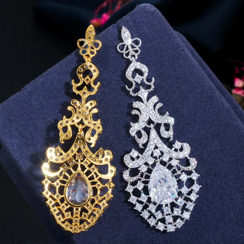 CWWZircons Royal Vintage Women Wedding Party Dress Jewelry Long Big 585 Dubai Gold Plated Earrings for Brides Accessories CZ650