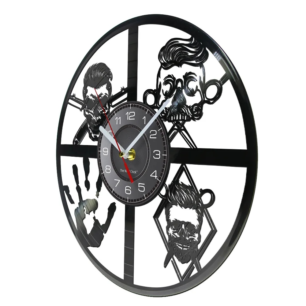 Rock Trendy Barbershop Skull Vinyl Record Wall Clock Skeleton Palm Cool Retro Art Hairstylist Skull Hipster Mancave Timepieces