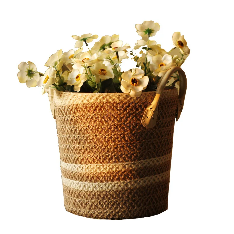 

Handmade Wicker Basket Rural Rattan Hemp Rope Flower Basket Pot Home Garden Decor Small Hemp Barrel Sundry Storage Basket