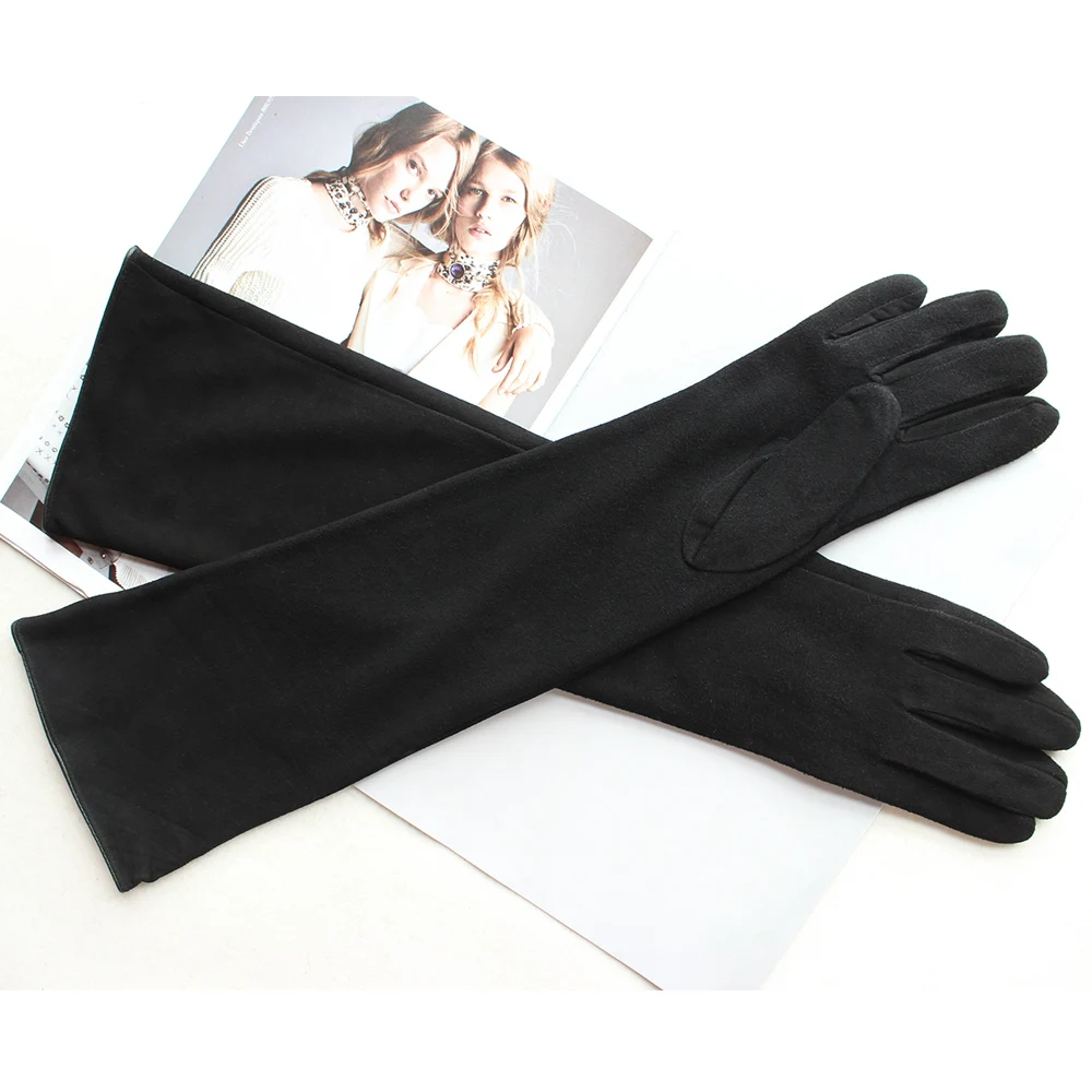 New Women\'s Long Suede Leather Gloves Black Straight Velvet Lining Outdoor Cold And Warm Leather Gloves