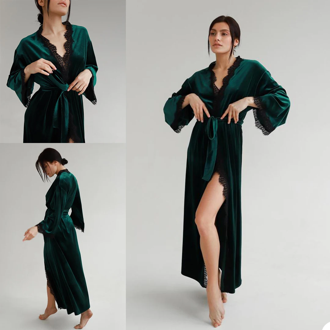 

Velvet Sleepwear With Lace Custom Made Chose Color From Chart One Piece Nightdress Bathgown Lone Sleeves