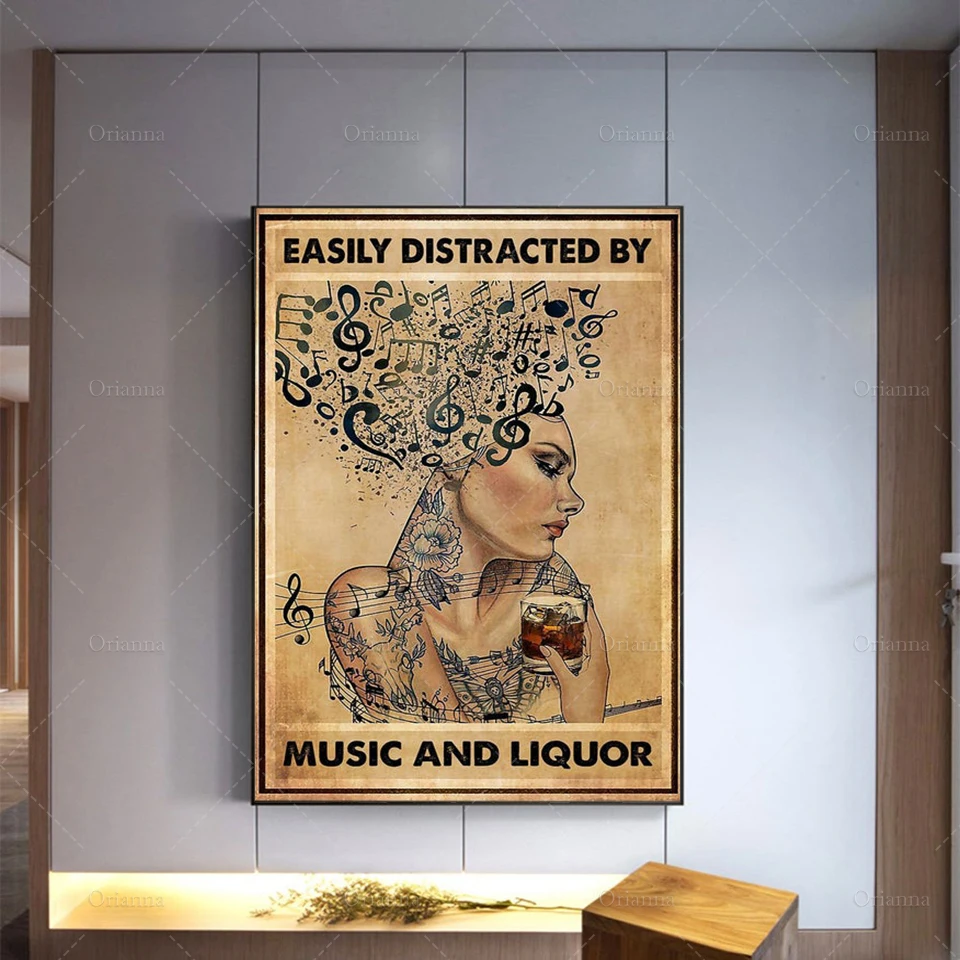 Music Poster, Easily Distracted by Music and Liquor Poster, Vinyl poster, Girl Wall Print, Wall Decoration,Modern Home Decor