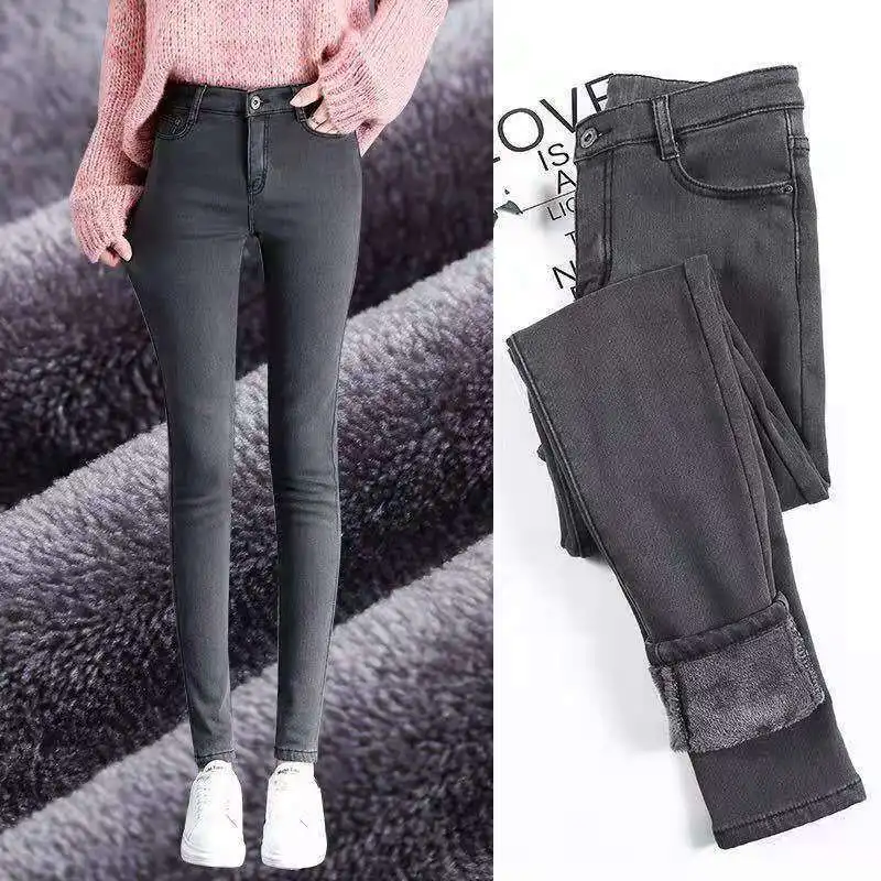 

Ladies Stretch High Waist Winter Plus Velvet Jeans Women Korean Style Slim-fit Feet Pants Stretch Long Pants Mom Jeans