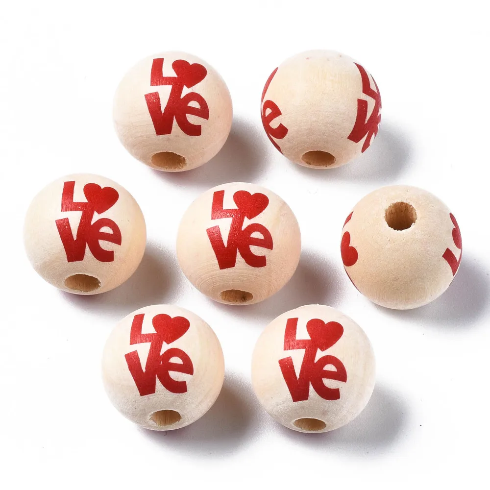 

500Pcs Valentines Natural Wood Beads with Word Love Unfinished Big Hole Round Wooden Balls Beads for Jewelry Making DIY Handmade