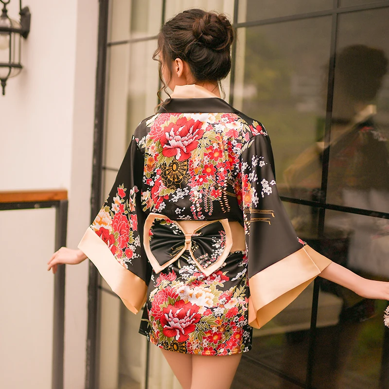 

Japanese Sexy Sakura Kimono Cardigan Yukata Women hot Lingerie Floral Print Haori Sleepwear Leisure Wear Pajamas Dress with Obi