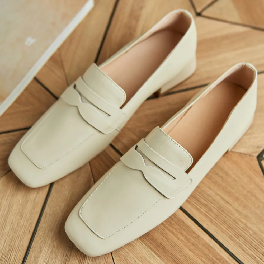 Women's genuine leather slip-on flats loafers leisure soft comfortable moccasins square toe casual daily female footwear shoes