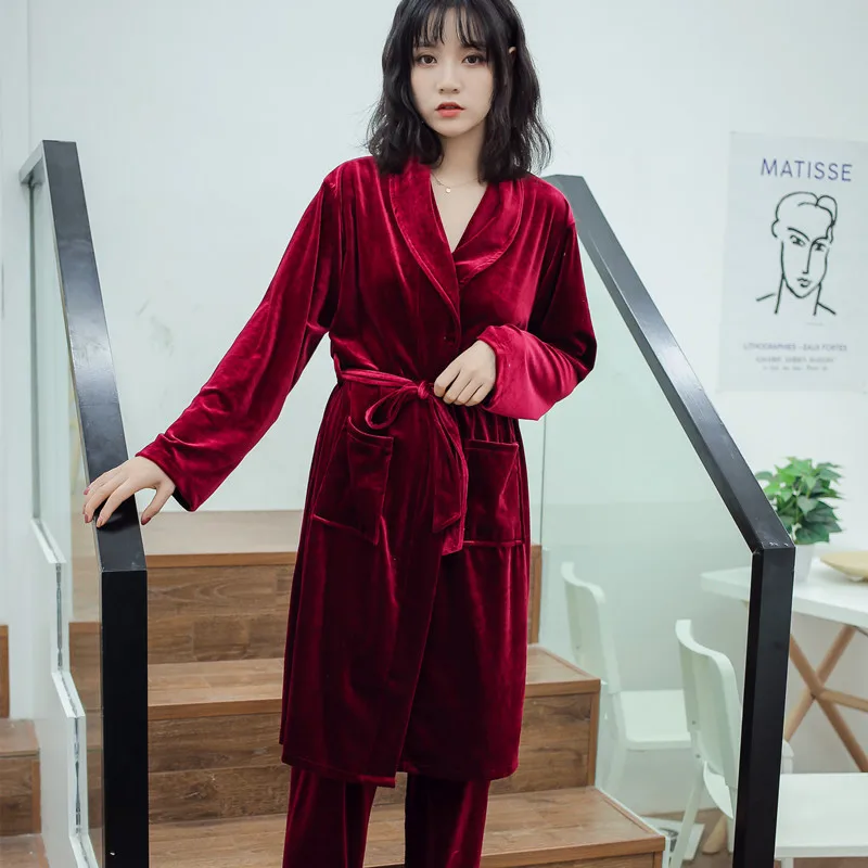 Golden Velvet Pajama Sleepwear Spring And Autumn Velvet Gown Suit Home Wear Korean Version Lovely Lengthened Novelty Clothing