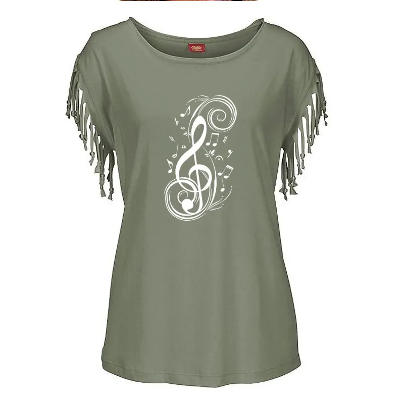 New Fashion Women Musical Note graphic Print Women Cotton Tassel Casual T-shirt Women\'s Tees Short Sleeve O-neck Femme t shirt