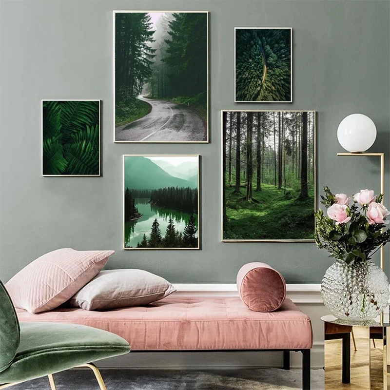 Mountain Lake Forest Road Poster and Pictures Green Plant Canvas Painting Poster Decor Print for Living Room Home Wall Art Decor