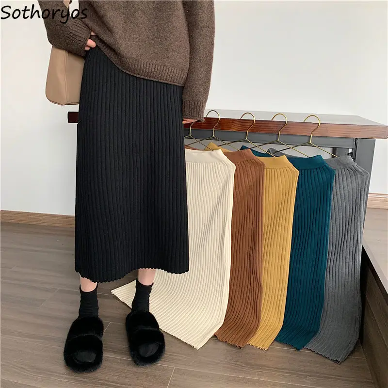 

Empire Long Thick Skirts Women Warm Cozy Elegant Trendy Leisure All-match Harajuku Korean Ins Soft Elastic Waist A-line Knitting