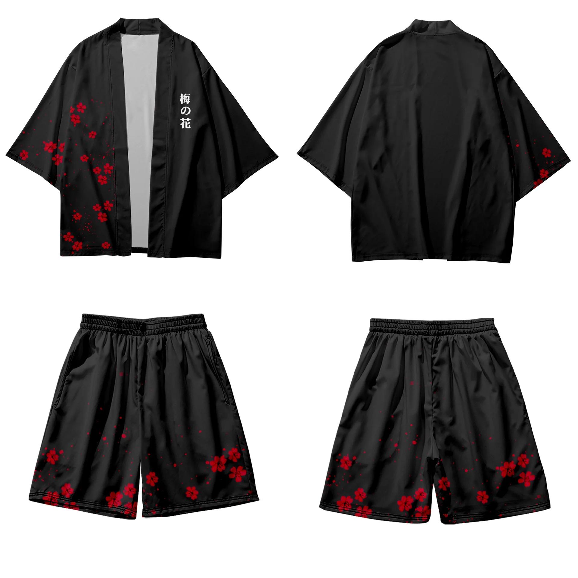 Japanischen Stil Männer Schwarz Strickjacke Und Shorts Set Harajuku Cosplay Yukata Traditionelle Haori Strand Kimono