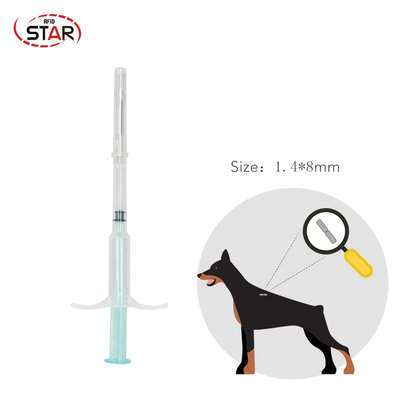 2.12*12mm 1.4*8mm 1.25*7mm impianto RFID Microchip 134.2KHz bivetro Fdx-b pesce gatto cane animale pet ID Microchip con siringa