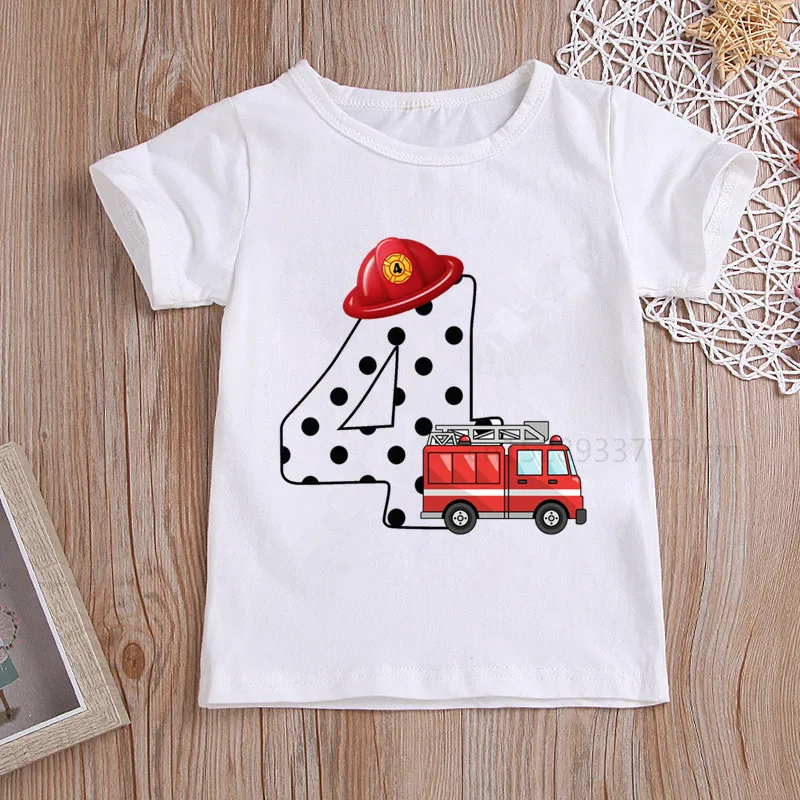 Kids Firefighter Birthday Numbers T-Shirt Children Boys Fireman Happy Birthday T Shirt Boys/Girls White T-Shirt Baby Girls Top