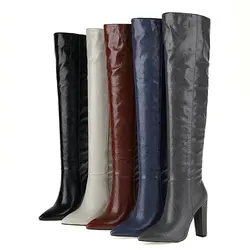 Faux Leather Brand Design Women Over the Knee Boots Fashion Pointed Toe Square High Heel Ladies Long Boots 2021 New Women's Shoe